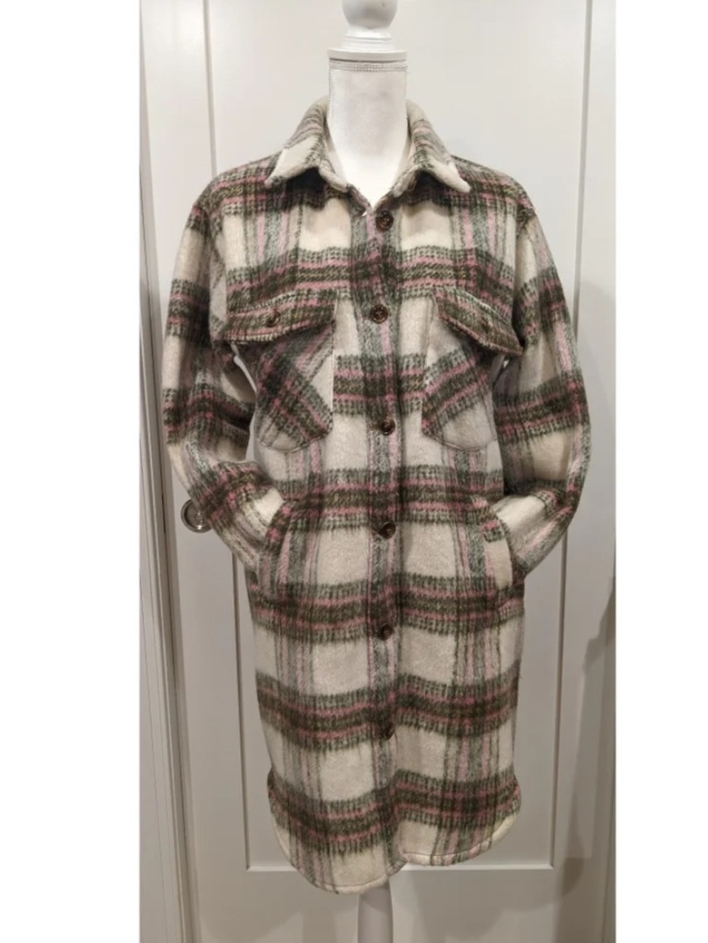 BLANKNYC Plaid Shacket Jacket in Cream Olive Pink